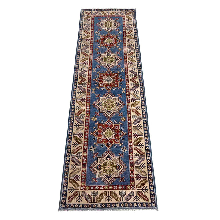 Blue Afghan Kazak Rug 2' 8" x 9' 9" Hand-Knotted detail