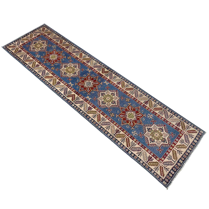 Blue Afghan Kazak Rug 2' 8" x 9' 9" Hand-Knotted close-up