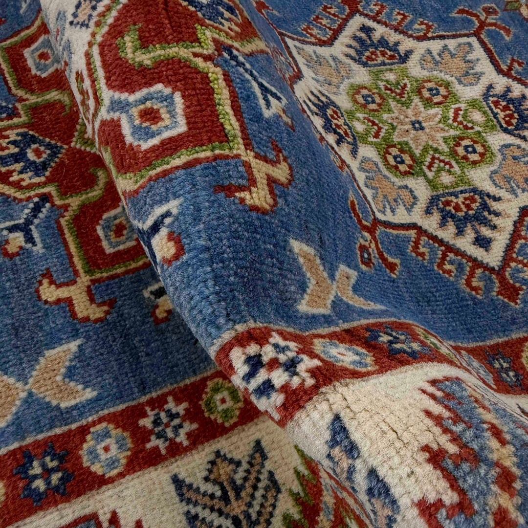 Blue Afghan Kazak Rug 2' 8" x 9' 9" Hand-Knotted texture