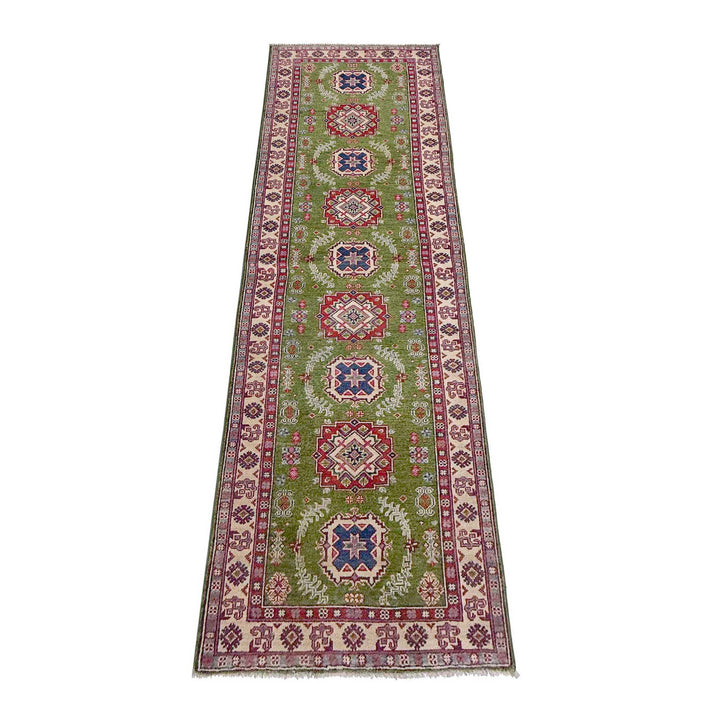 Green Afghan Kazak Rug 2' 8" x 9' 11" Hand-Knotted | No. AL98693