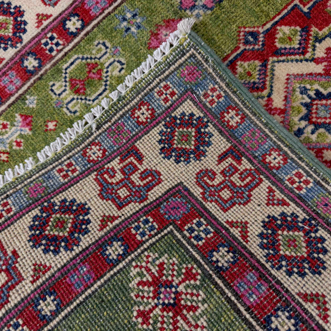Green Afghan Kazak Rug 2' 8" x 9' 11" Hand-Knotted | No. AL98693