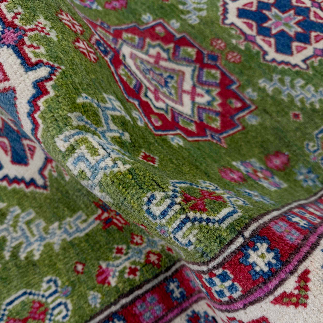 Green Afghan Kazak Rug 2' 8" x 9' 11" Hand-Knotted | No. AL98693