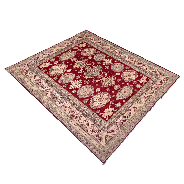 Red Afghan Kazak Rug 6' 8" x 9' 8" Hand-Knotted close-up