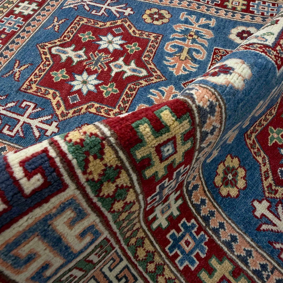 Blue Afghan Kazak Rug 4' 0" x 6' 6" Hand-Knotted | No. AL90694