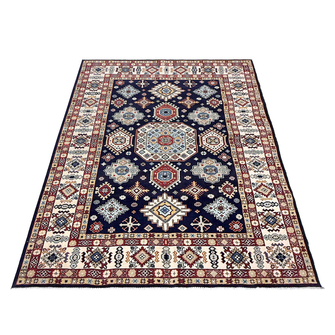 Blue Afghan Kazak Rug 6' 1" x 9' 2" Hand-Knotted | No. AL80415
