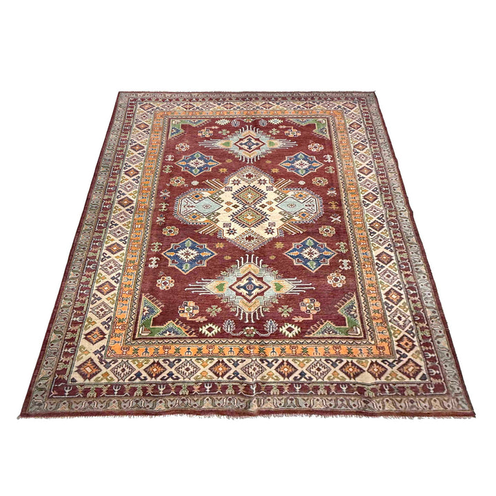 Red Afghan Kazak Rug 6' 7" x 9' 11" Hand-Knotted detail