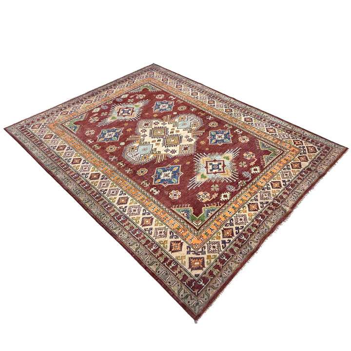 Red Afghan Kazak Rug 6' 7" x 9' 11" Hand-Knotted view