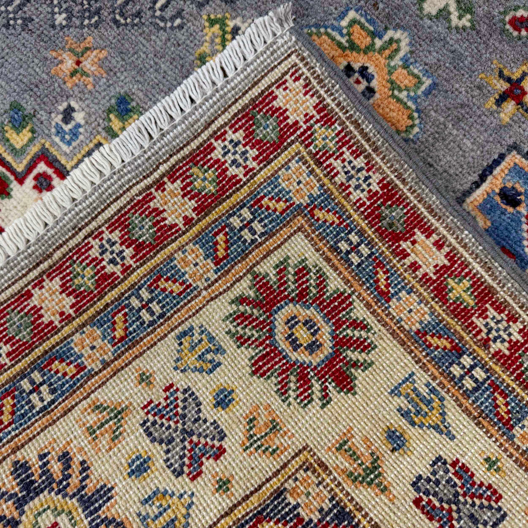 Gray Afghan Kazak Rug 4' 0" x 6' 1" Hand-Knotted border