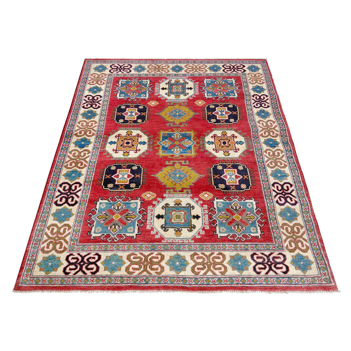 Red Afghan Kazak Rug 5' 0" x 6' 6" Hand-Knotted | No. AL61472