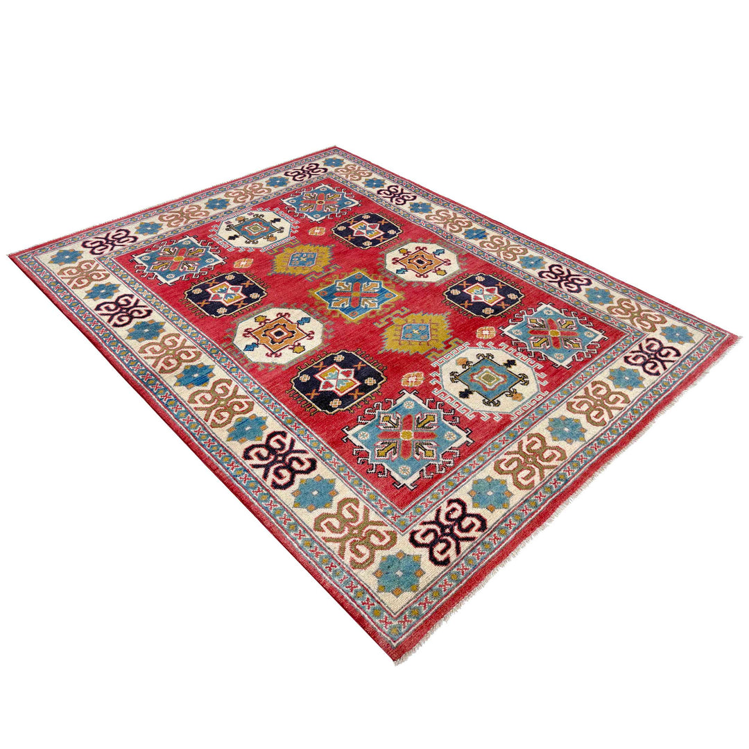 Red Afghan Kazak Rug 5' 0" x 6' 6" Hand-Knotted | No. AL61472