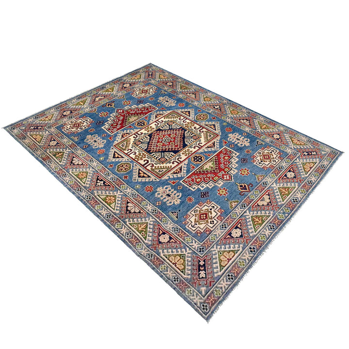 Blue Afghan Kazak Rug 5' 0" x 6' 11" Hand-Knotted close-up
