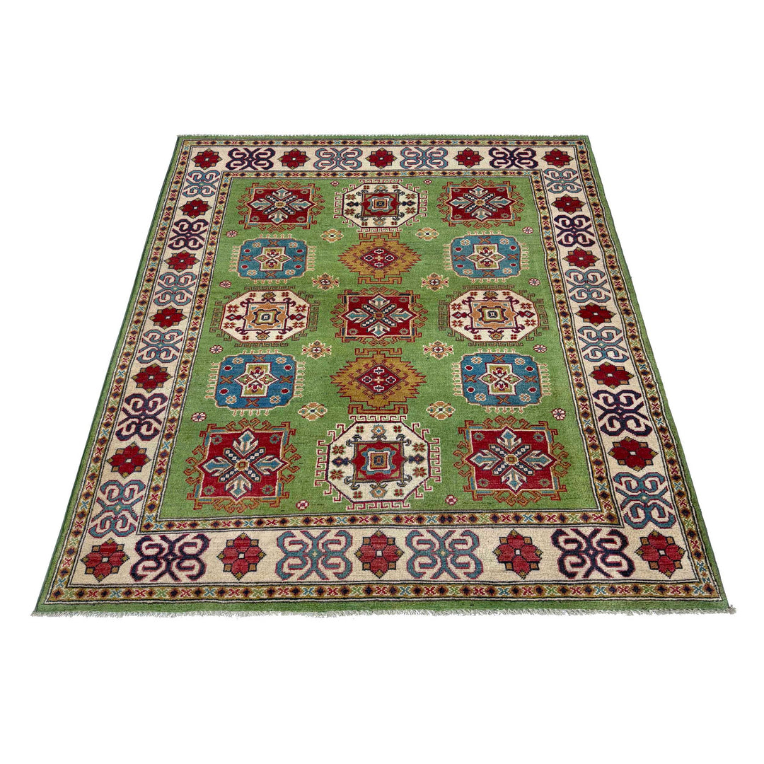 Green Afghan Kazak Rug 4' 11" x 6' 4" Hand-Knotted | No. AL84629