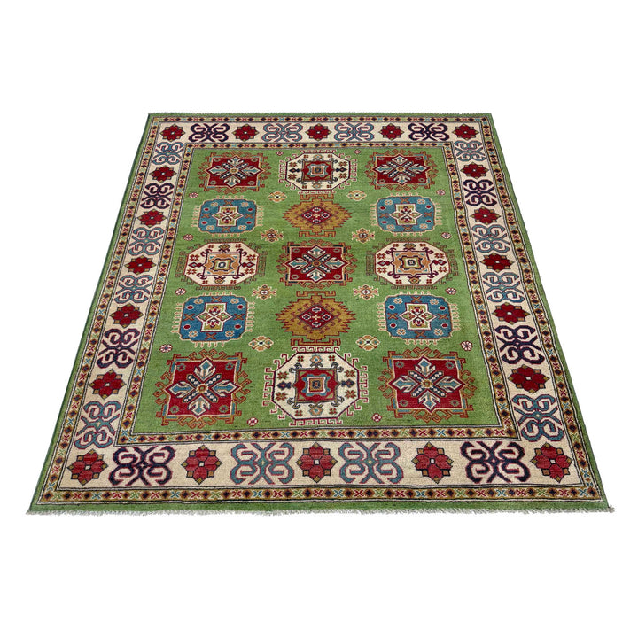 Green Afghan Kazak Rug 4' 11" x 6' 4" Hand-Knotted | No. AL84629