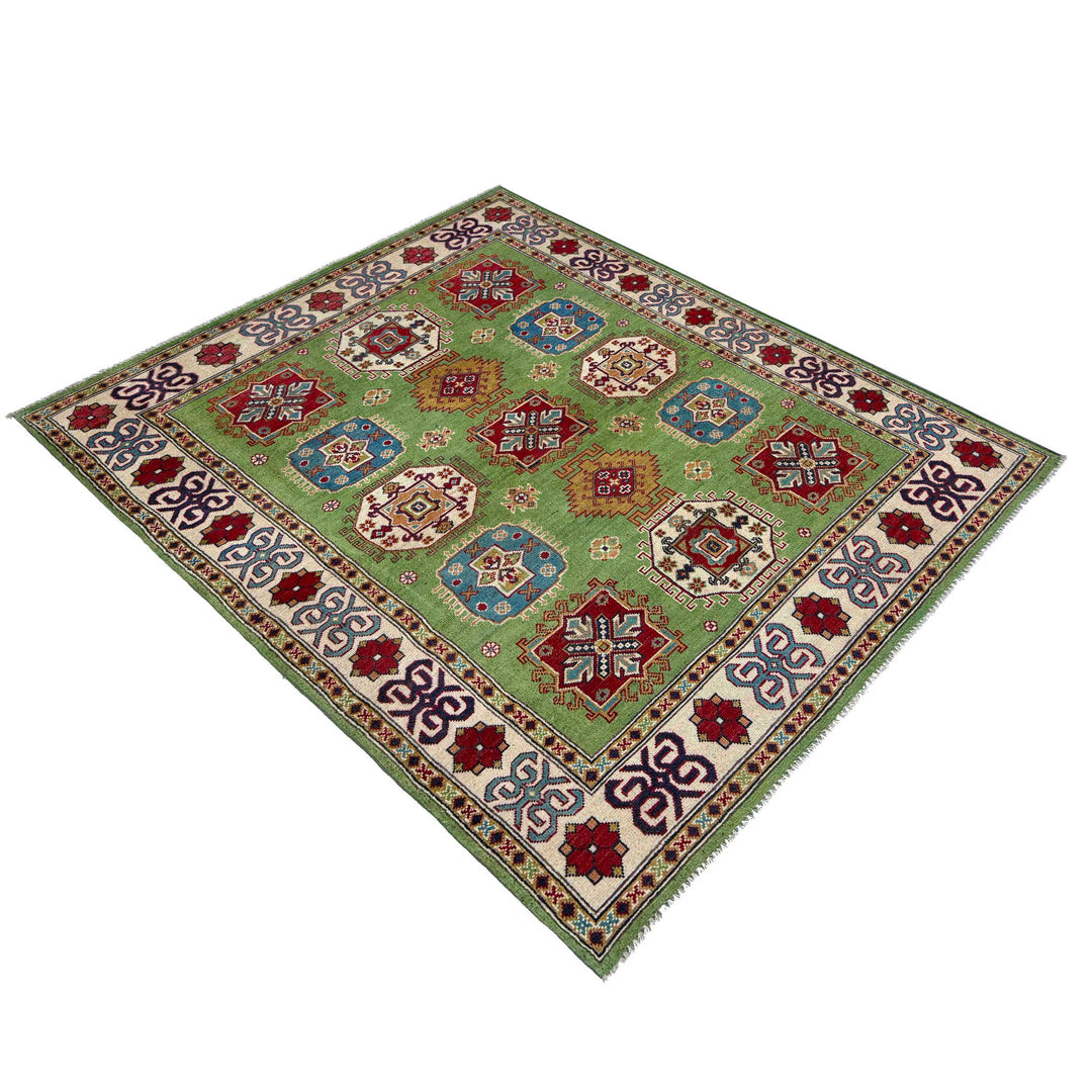 Green Afghan Kazak Rug 4' 11" x 6' 4" Hand-Knotted | No. AL84629