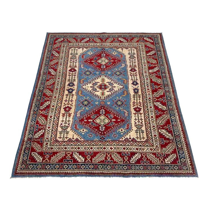 Blue Afghan Kazak Rug 5'1" x 6'7" Hand-Knotted | No. AL14193