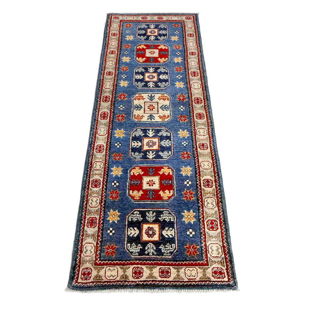 Blue Afghan Kazak Rug 2' 1" x 6' 1" Hand-Knotted | No. AL85757