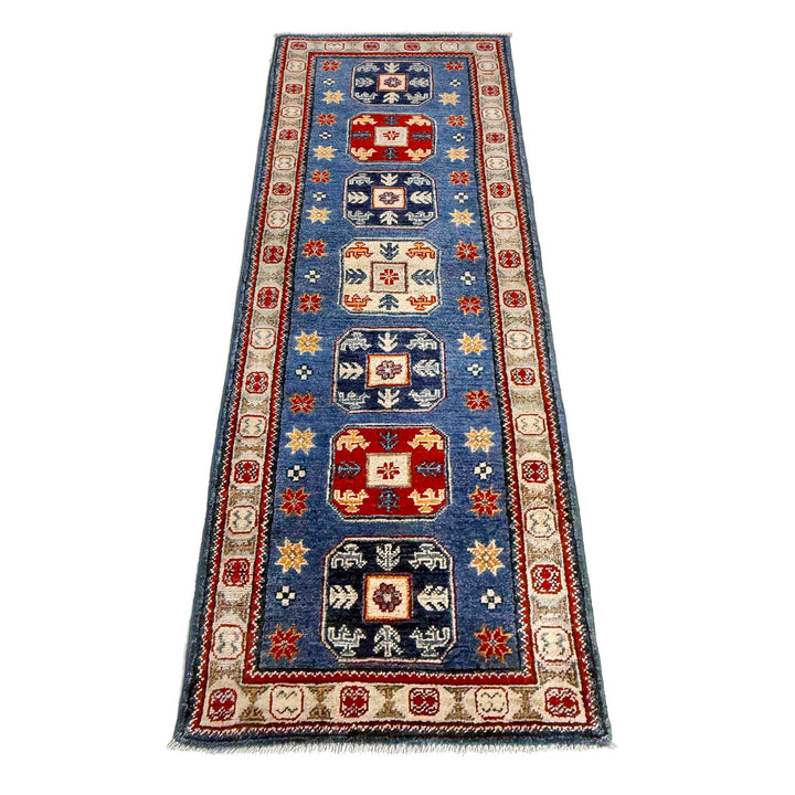 Blue Afghan Kazak Rug 2' 1" x 6' 1" Hand-Knotted | No. AL85757