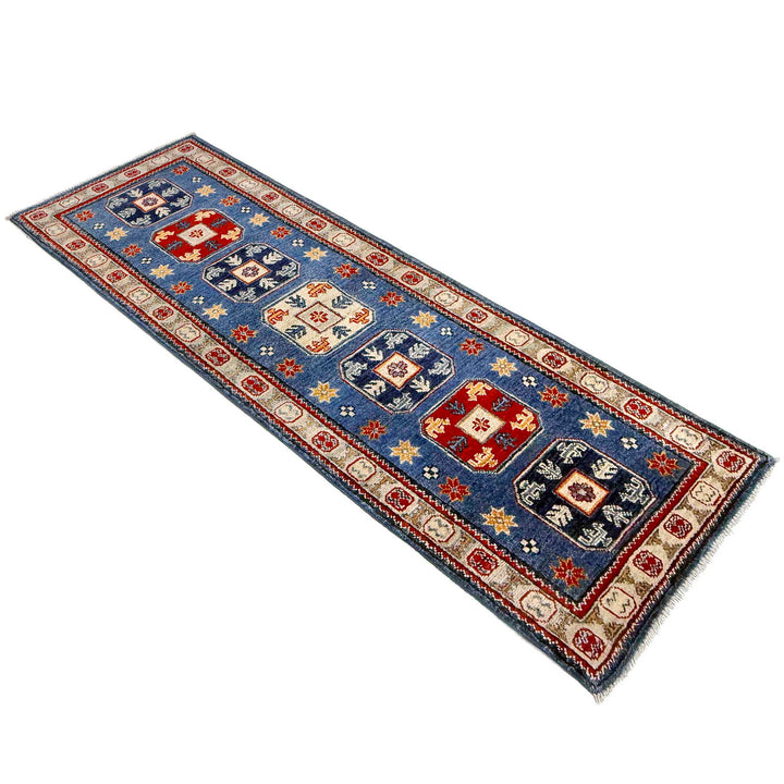 Blue Afghan Kazak Rug 2' 1" x 6' 1" Hand-Knotted | No. AL85757