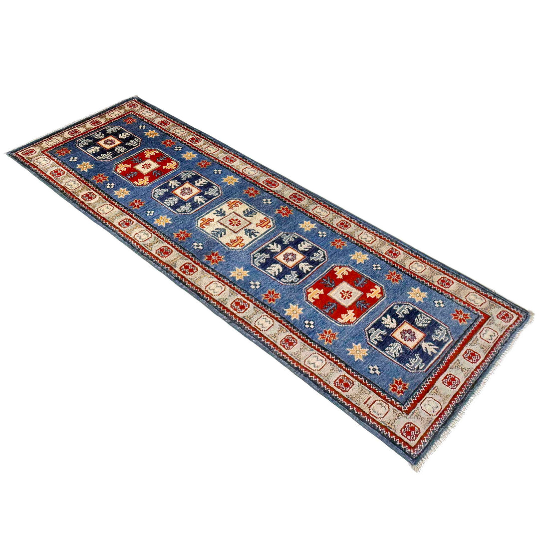 Blue Afghan Kazak Rug 2' 1" x 6' 1" Hand-Knotted | No. AL85757
