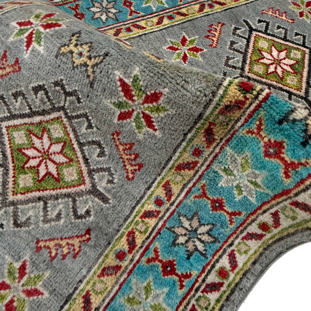 Gray Afghan Kazak Rug 2' 0" x 5' 6" Hand-Knotted texture