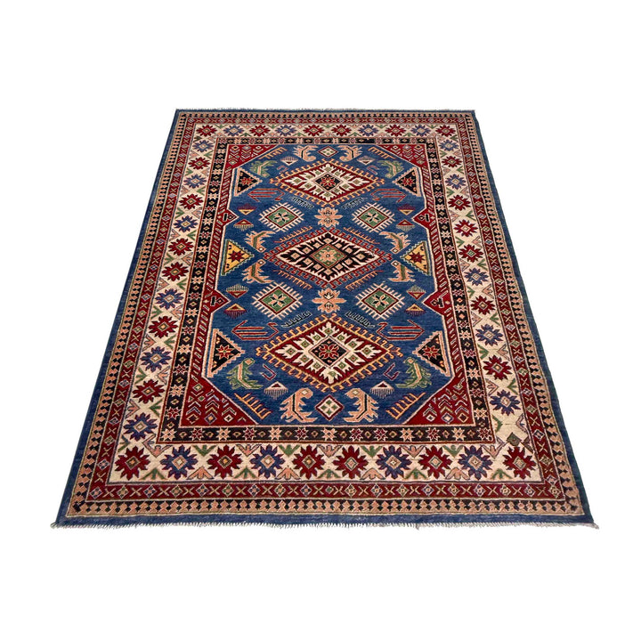 Blue Afghan Kazak Rug 4' 10" x 7' 3" Hand-Knotted | No. AL36111
