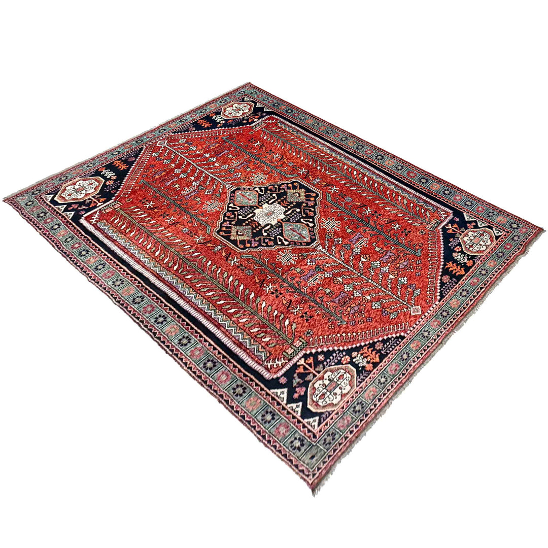 Red Afghan Shirazi Rug 8' 0" x 11' 3" Hand-Knotted close-up