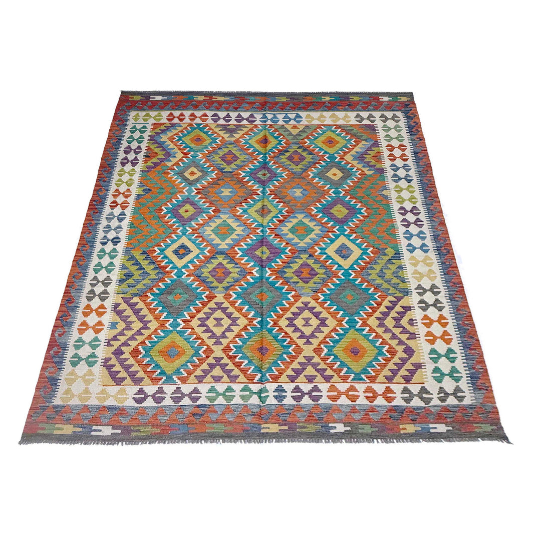 Afghan Vegetable Kilim Rug 6' 9" x 9' 7" Flat-Weave detail