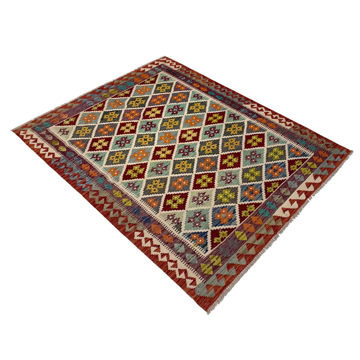 Afghan Kilim Rug 4' 11" x 6' 4" Flat-Weave close-up