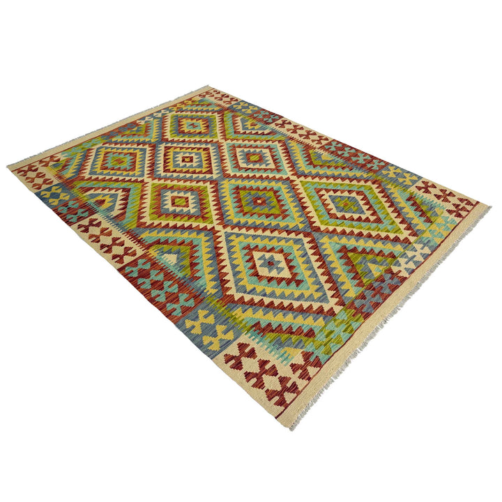 Afghan Kilim Rug 4' 10" x 6' 7" Flat-Weave close-up