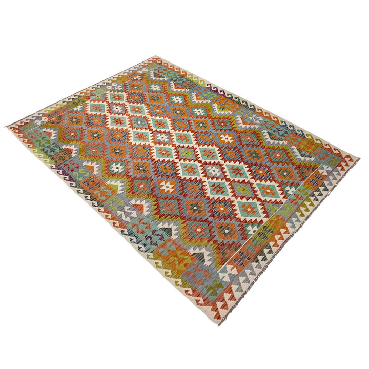 Afghan Kilim Rug 6' 10" x 9' 9" Flat-Weave close-up