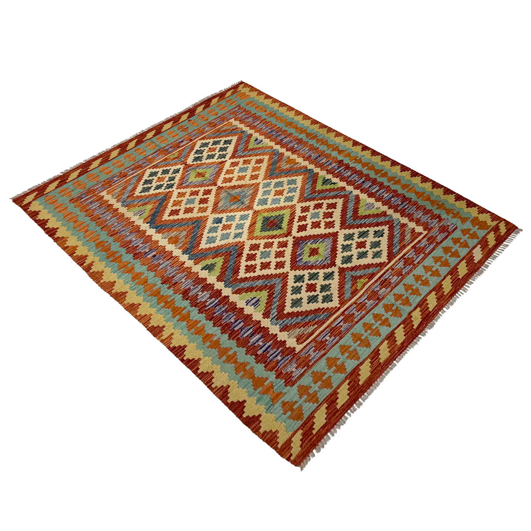Afghan Vegetable Kilim Rug 4' 10" x 6' 4" Flat-Weave close-up