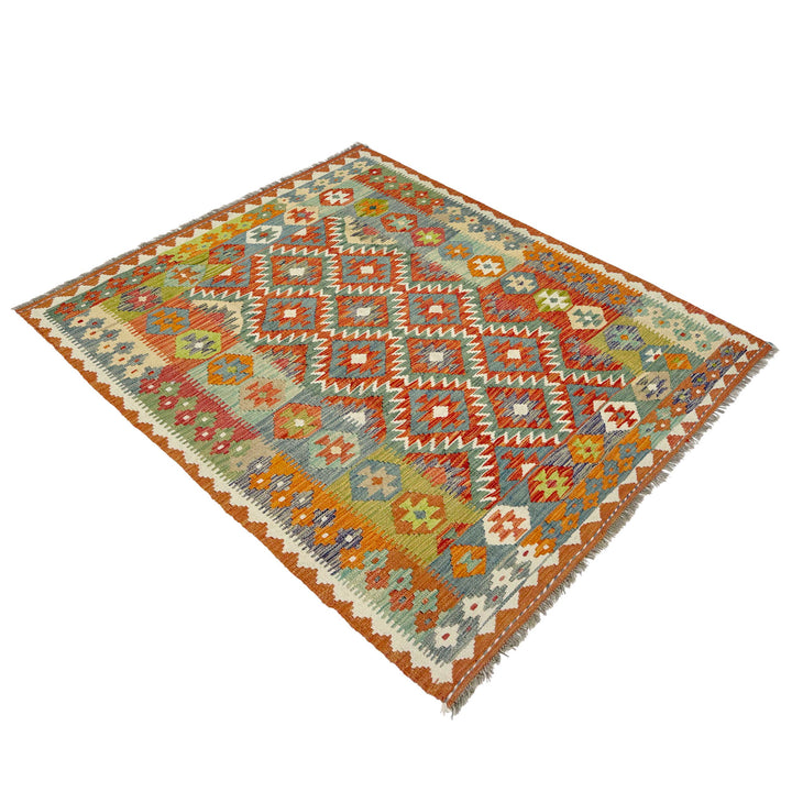 Afghan Vegetable Kilim Rug 5' 0" x 6' 6" Flat-Weave close-up