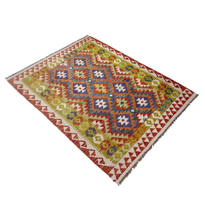 Afghan Vegetable Kilim Rug 4' 5" x 6' 4" Flat-Weave close-up