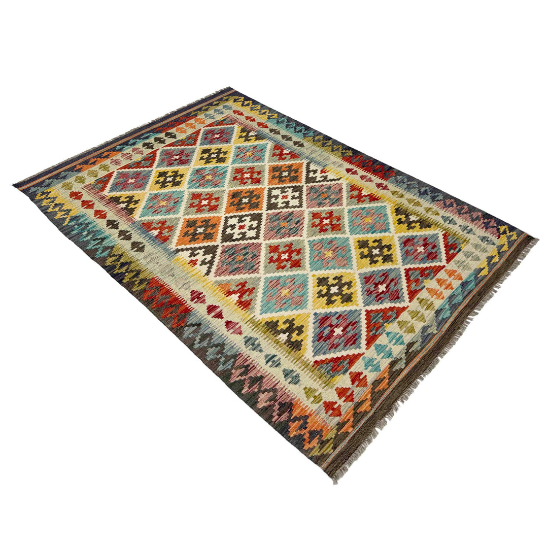 Afghan Vegetable Kilim Rug 4' 3" x 6' 5" Flat-Weave close-up