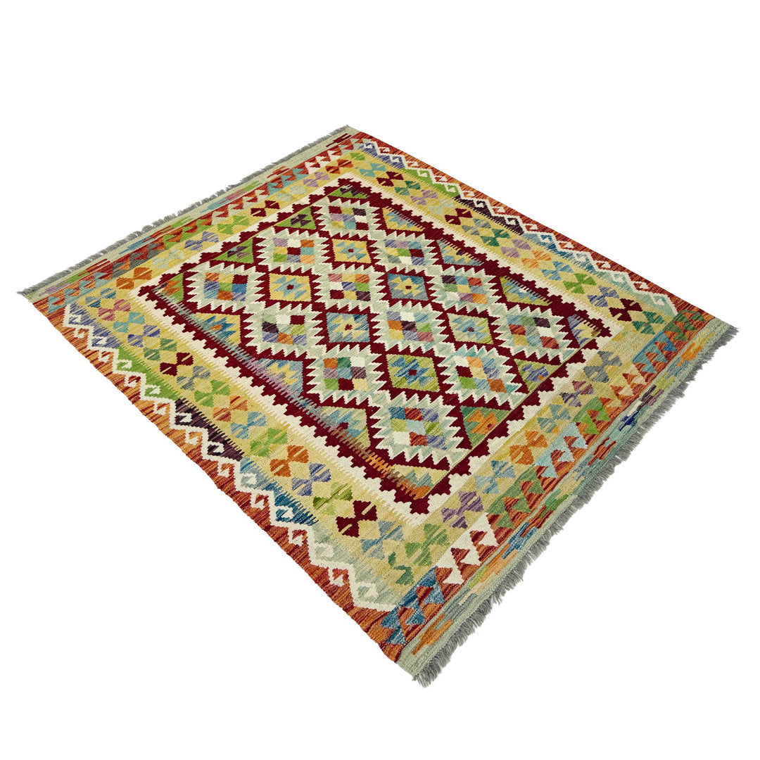 Afghan Vegetable Kilim Rug 4' 10" x 6' 4" Flat-Weave close-up