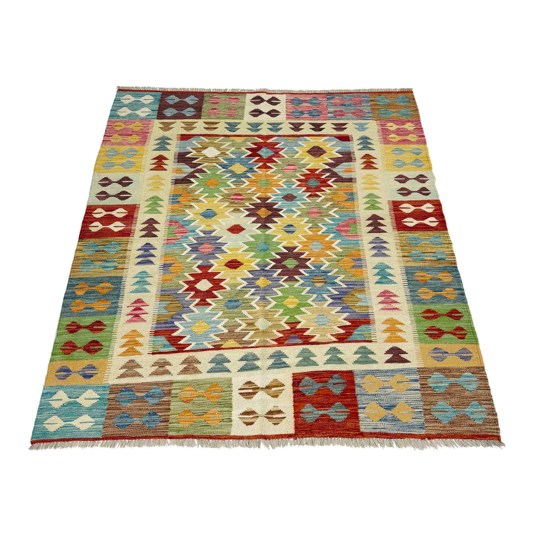 Afghan Vegetable Kilim Rug 5'1" x 6'5" Flat-Weave detail