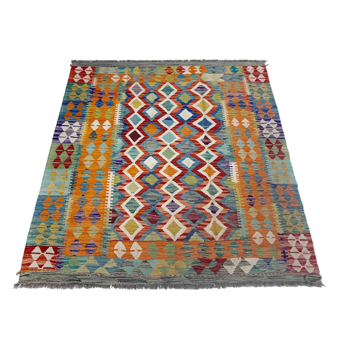 Afghan Vegetable Kilim Rug 4' 10" x 6' 8" Flat-Weave | No. AL880196