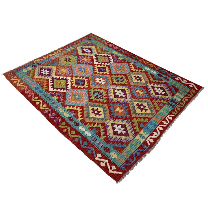 Afghan Kilim Rug 4'11" x 6'7" Flat-Weave close-up