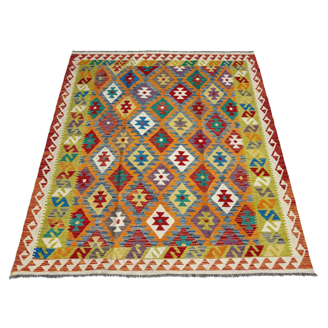 Afghan Vegetable Kilim Rug 4'10" x 6'8" Flat-Weave detail