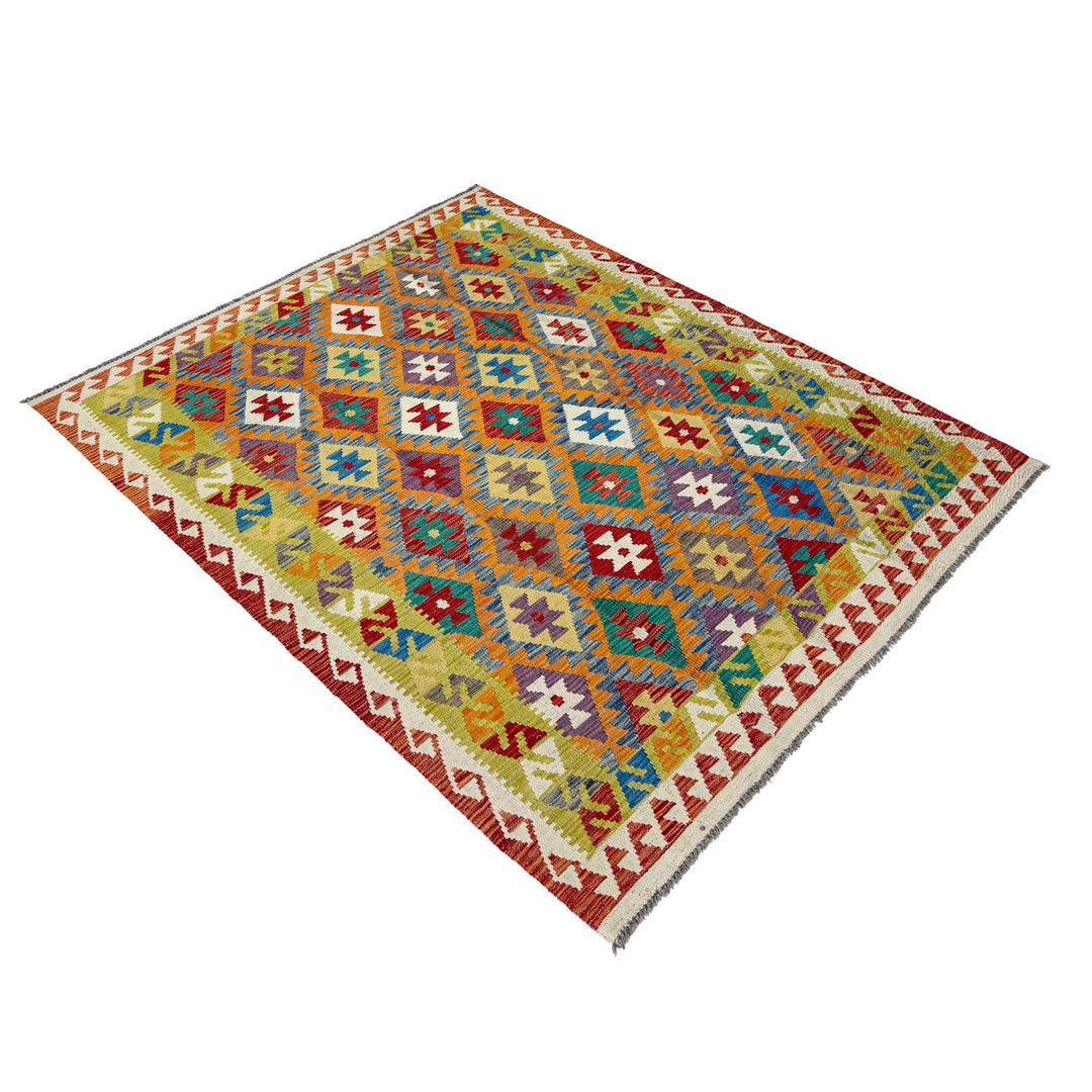 Afghan Vegetable Kilim Rug 4'10" x 6'8" Flat-Weave close-up