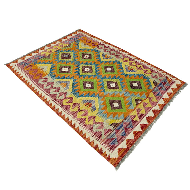 Afghan Vegetable Kilim Rug 3' 5" x 4' 10" Flat-Weave close-up