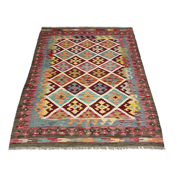 Afghan Vegetable Kilim Rug 4' 2" x 5' 9" Flat-Weave detail