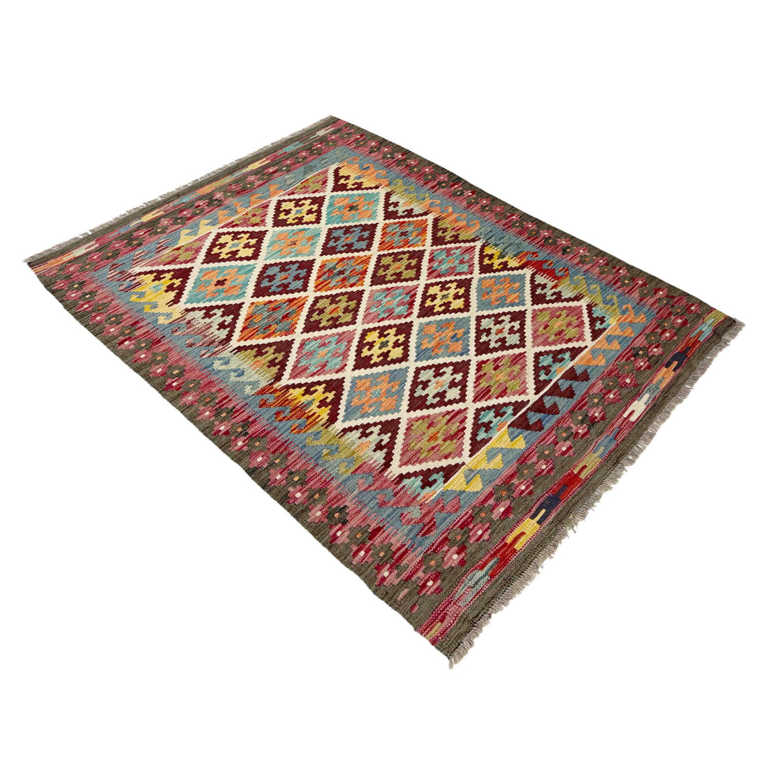 Afghan Vegetable Kilim Rug 4' 2" x 5' 9" Flat-Weave close-up