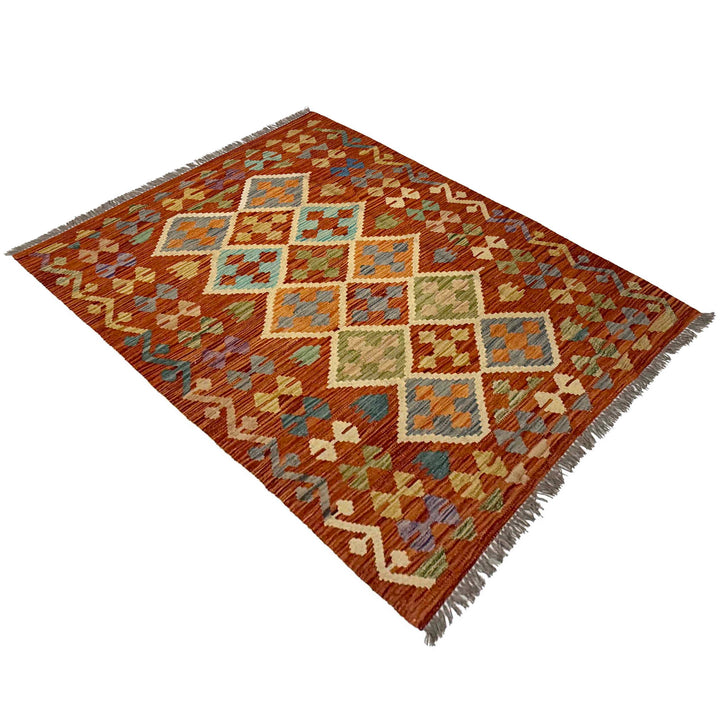 Afghan Kilim Rug 4' 2" x 5' 8" Flat-Weave close-up