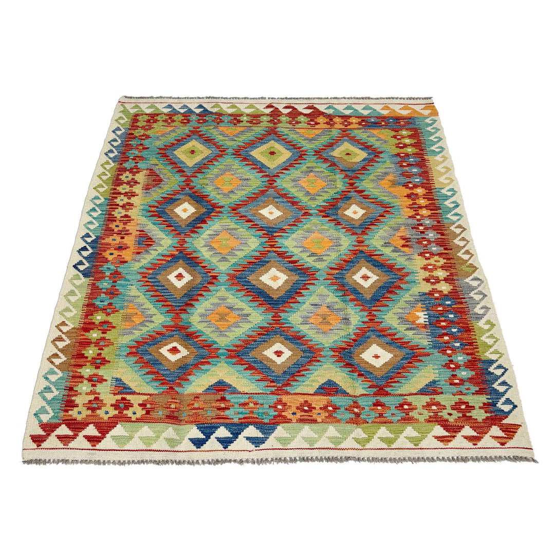 Afghan Vegetable Kilim Rug 5' 1" x 6' 5" Flat-Weave detail