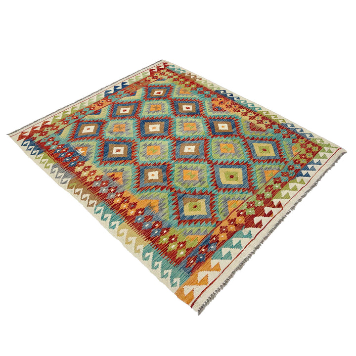 Afghan Vegetable Kilim Rug 5' 1" x 6' 5" Flat-Weave close-up