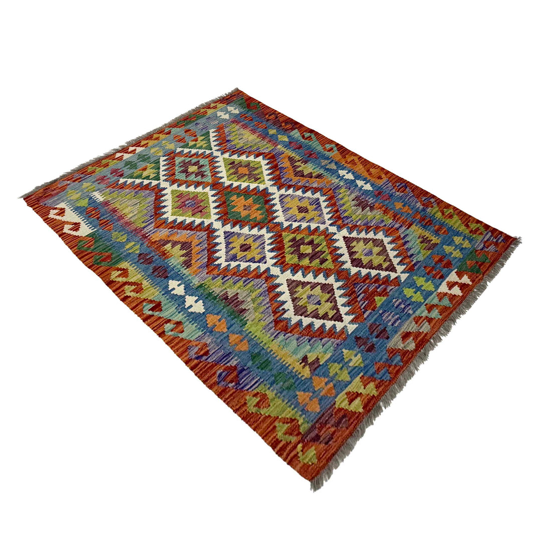 Afghan Kilim Rug 3' 5" x 4' 11" Flat-Weave close-up