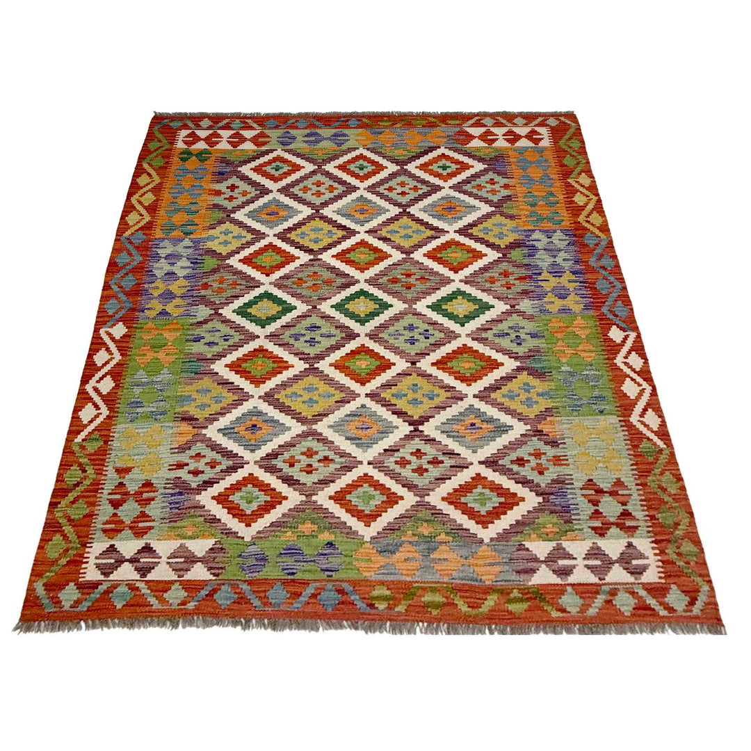 Afghan Vegetable Kilim Rug 4'11" x 6'6" Flat-Weave detail
