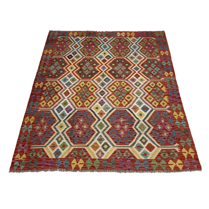 Afghan Vegetable Kilim Rug 4' 11" x 6' 5" Flat-Weave detail