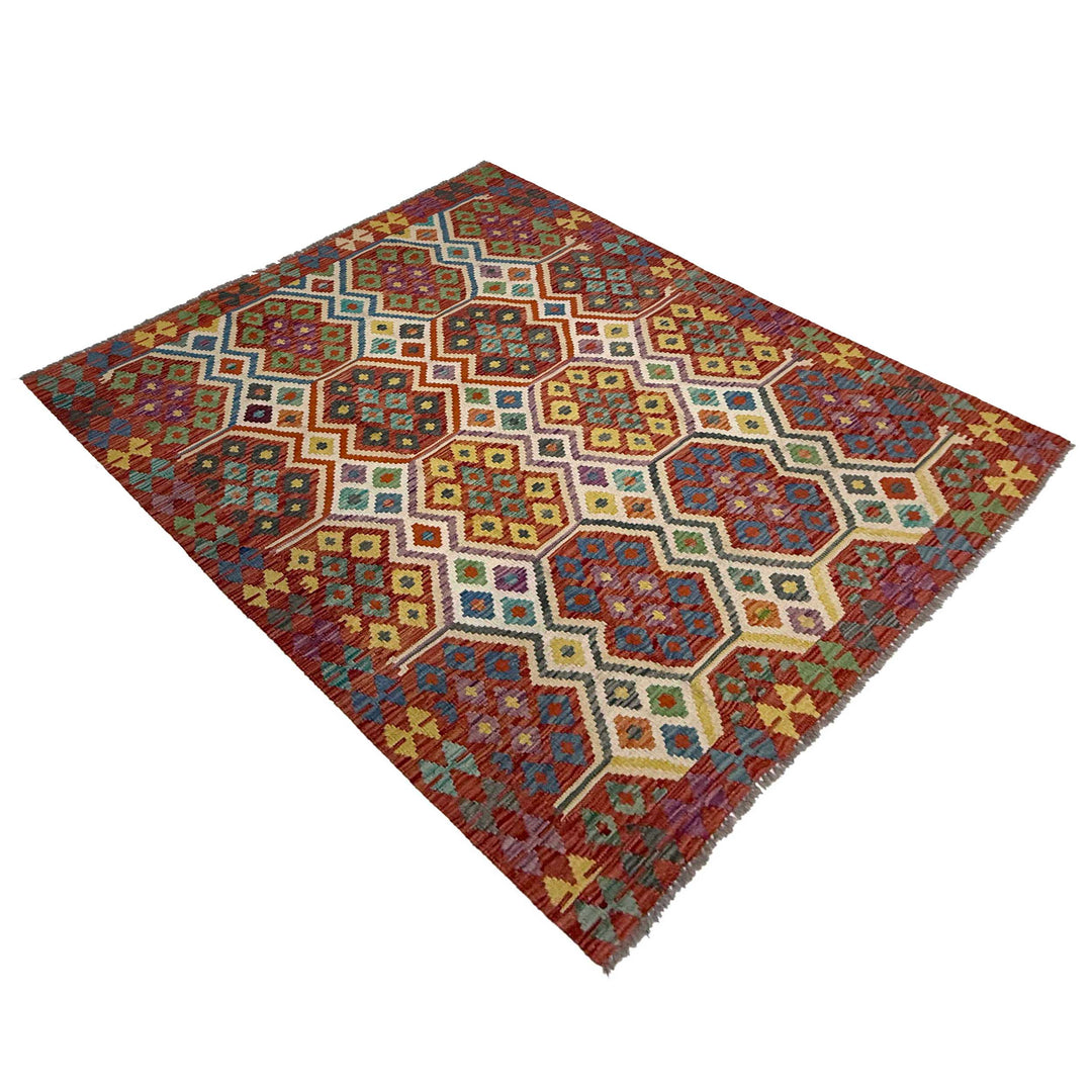 Afghan Vegetable Kilim Rug 4' 11" x 6' 5" Flat-Weave close-up